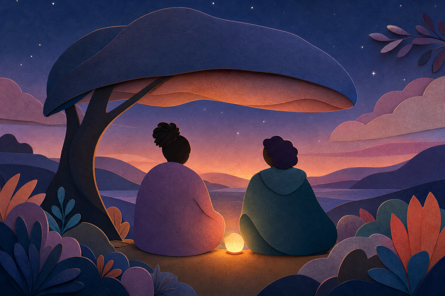 Two people sitting side by side beneath a sheltering tree at twilight, sharing a warm light.